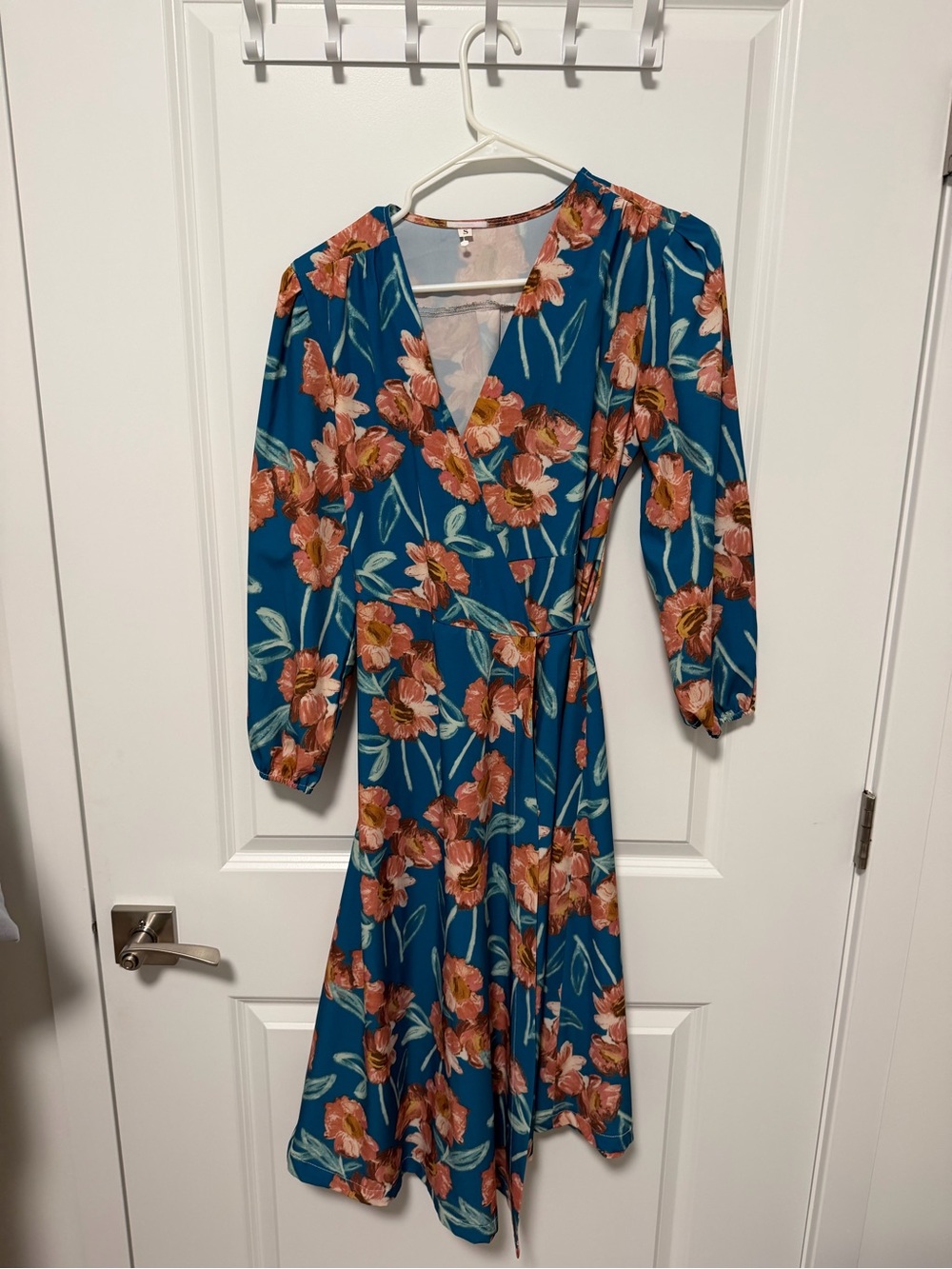 Floral Wrap Midi Dress in Teal with Peach Blooms